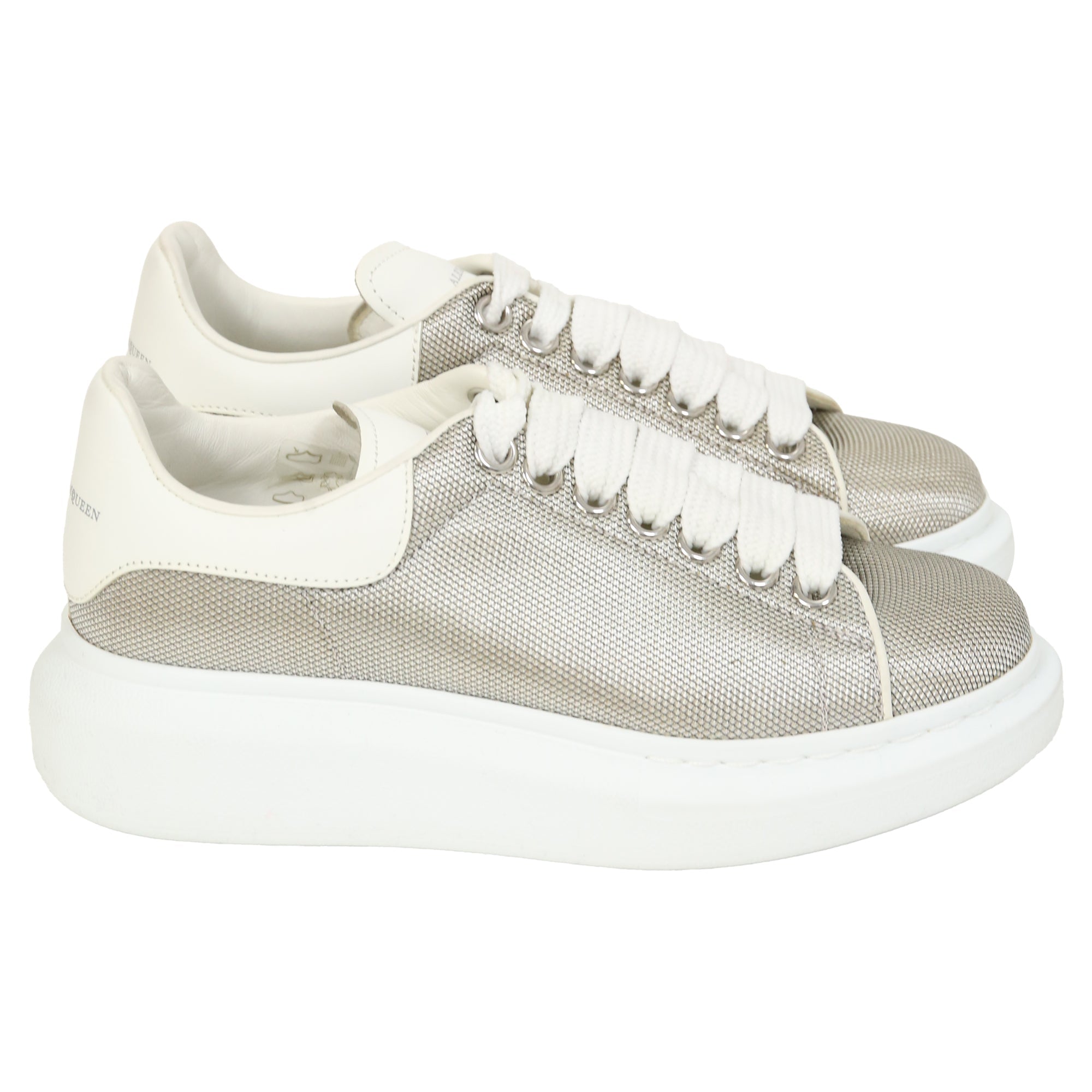 Alexander McQueen Oversized Sneakers in Silver Metallic Fabric and Leather