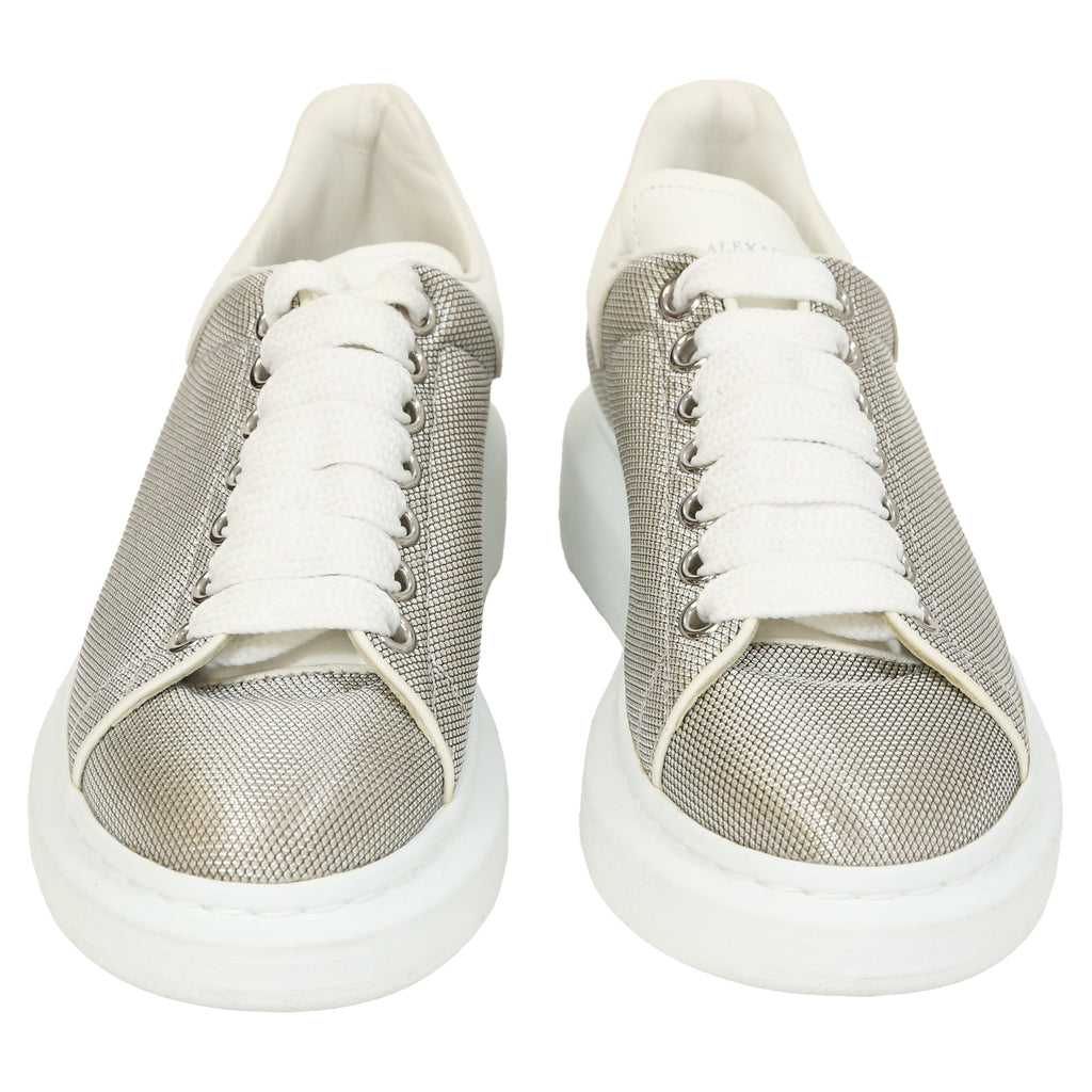 Alexander McQueen Oversized Sneakers in Silver Metallic Fabric and Leather