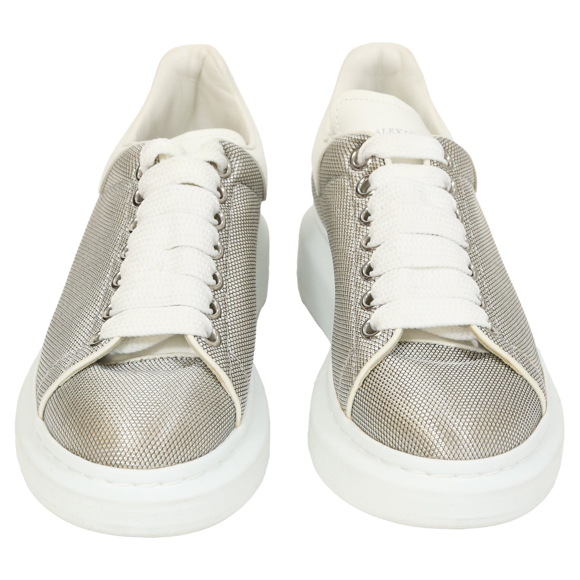 Alexander McQueen Oversized Sneakers in Silver Metallic Fabric and Leather