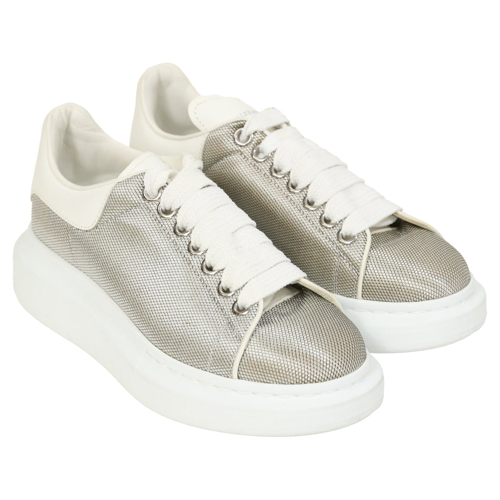 Alexander McQueen Oversized Sneakers in Silver Metallic Fabric and Leather