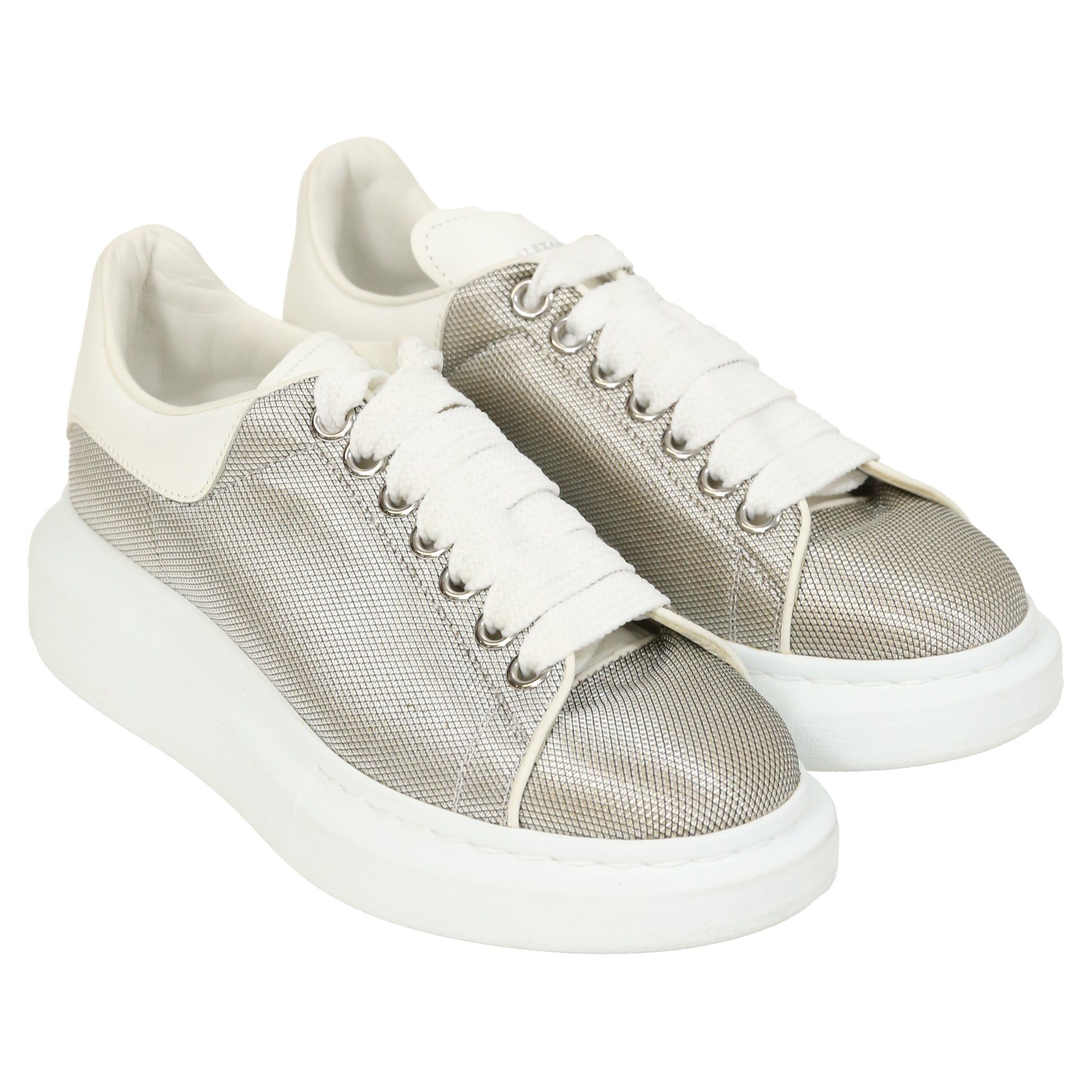 Alexander McQueen Oversized Sneakers in Silver Metallic Fabric and Leather
