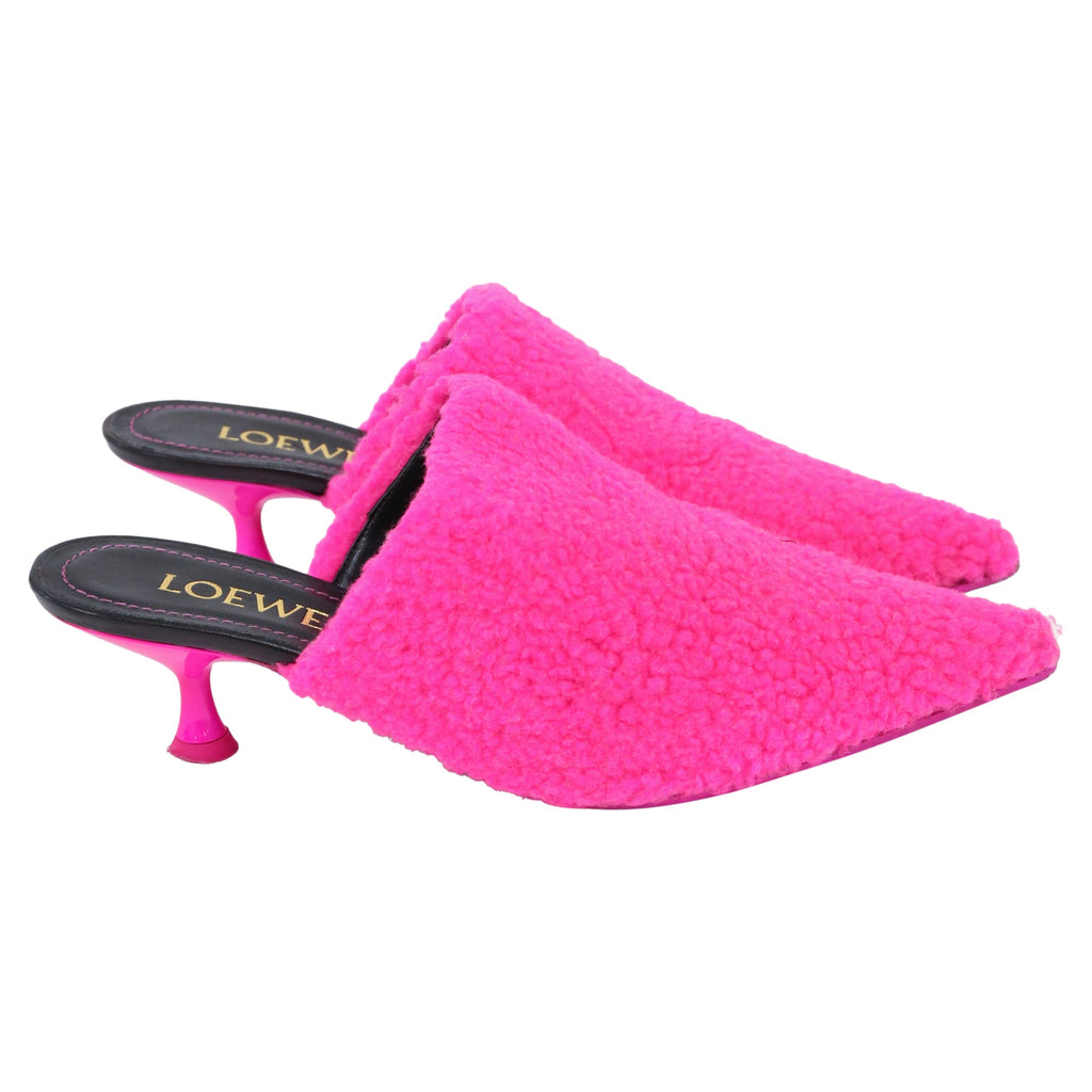 Women's Loewe Fleece Kitten-Heel Mule Pumps in Pink Fleece