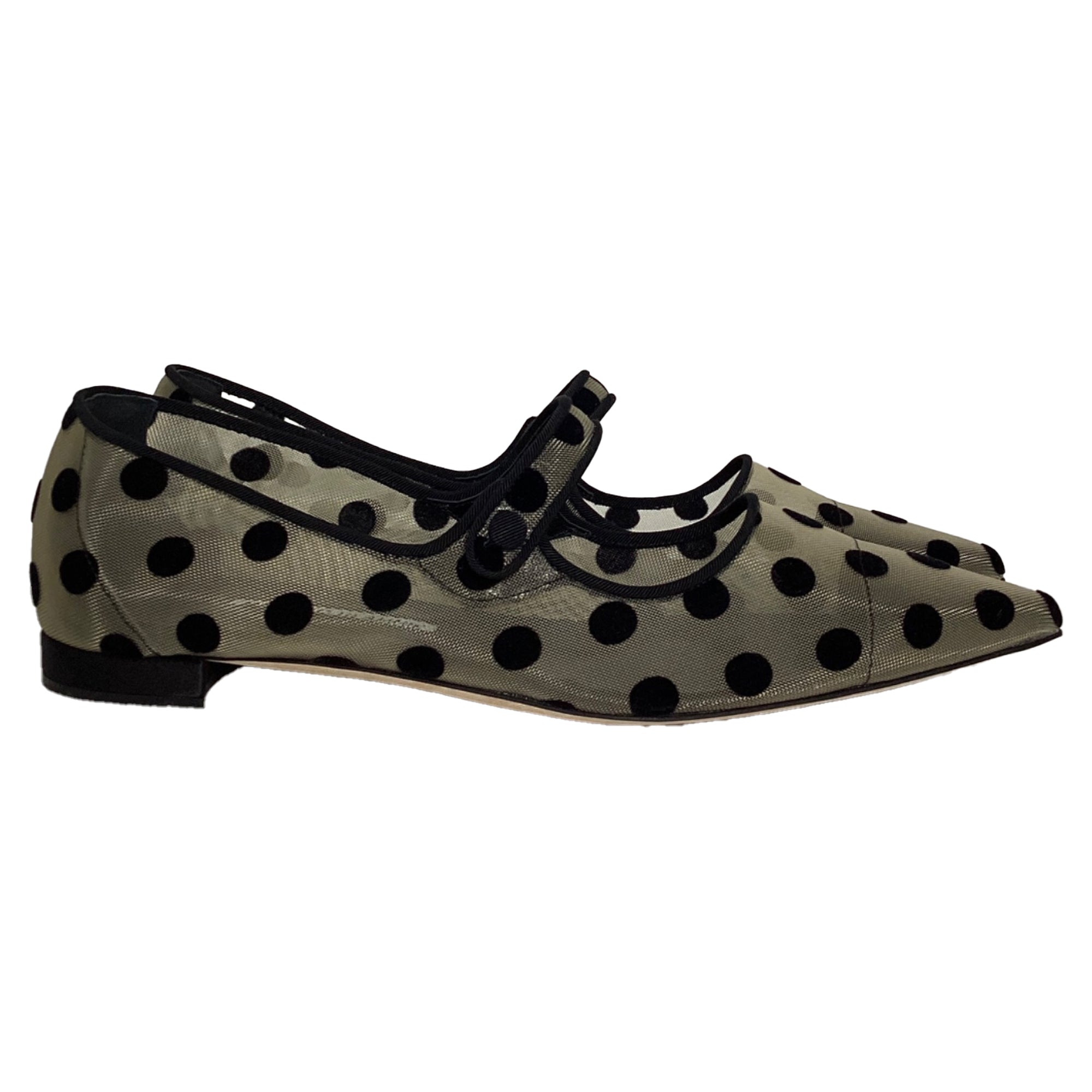 Women's Manolo Blanhnik Campari Polka Dot Mary Jane Flats in White Polyamide