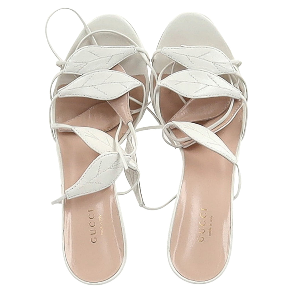 Gucci Leaf Strapped Sandal Heels in White Leather