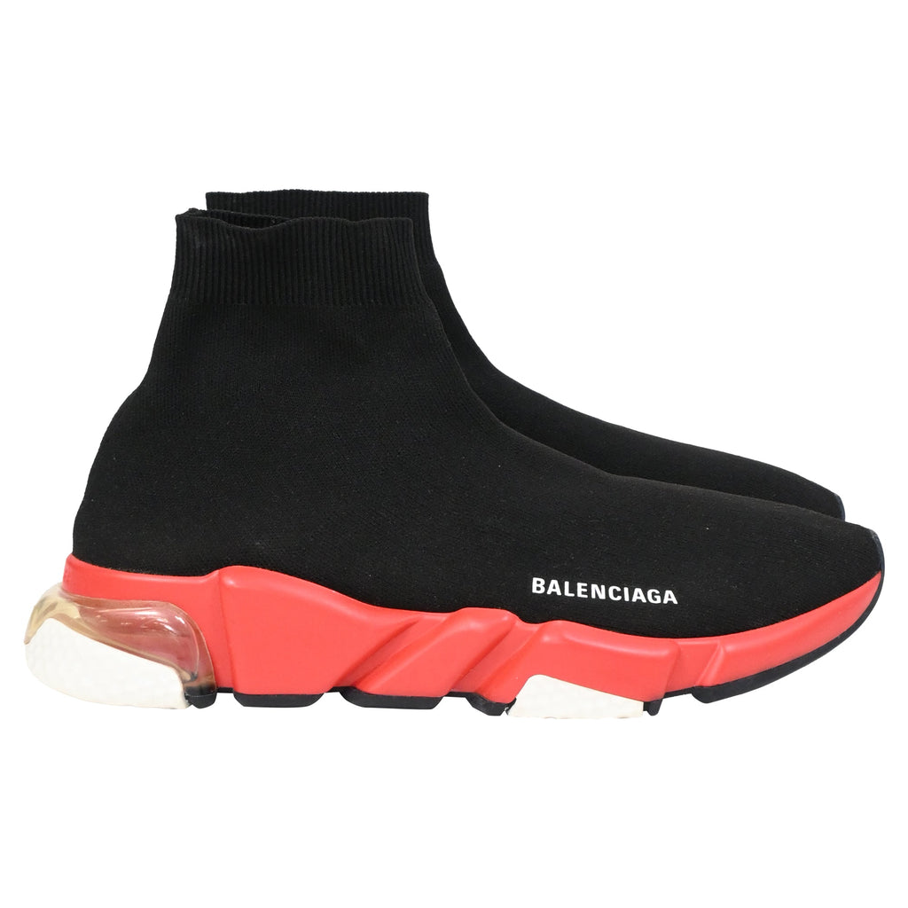 Men's Balenciaga Speed Clear Sole Sneakers in Black and Red Polyester