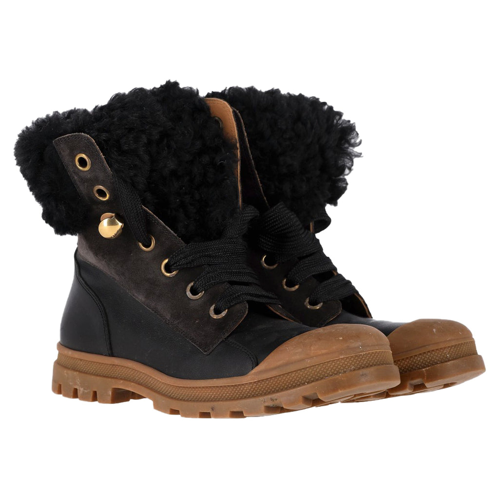 Chloé Sheared Combat Boots in Black Leather and Suede