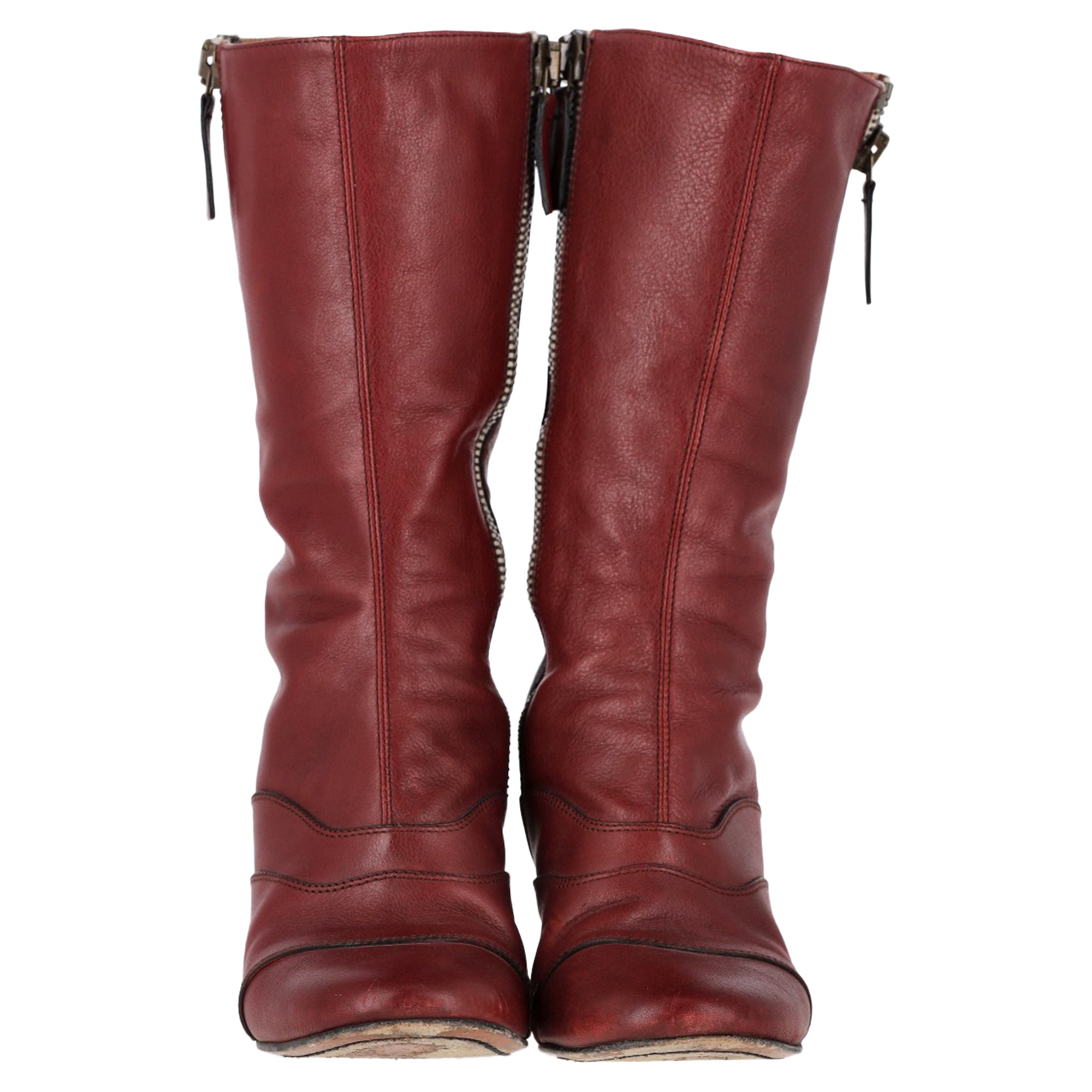 Chloé Zipped Round Toe Mid-Calf Boots in Burgundy Leather