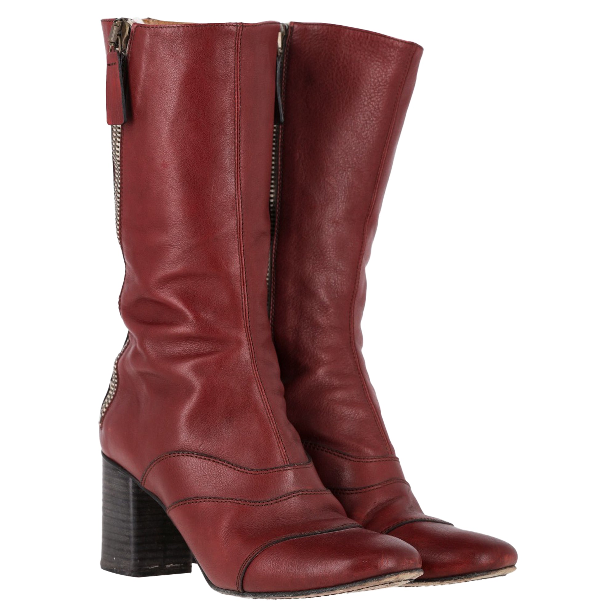 Chloé Zipped Round Toe Mid-Calf Boots in Burgundy Leather