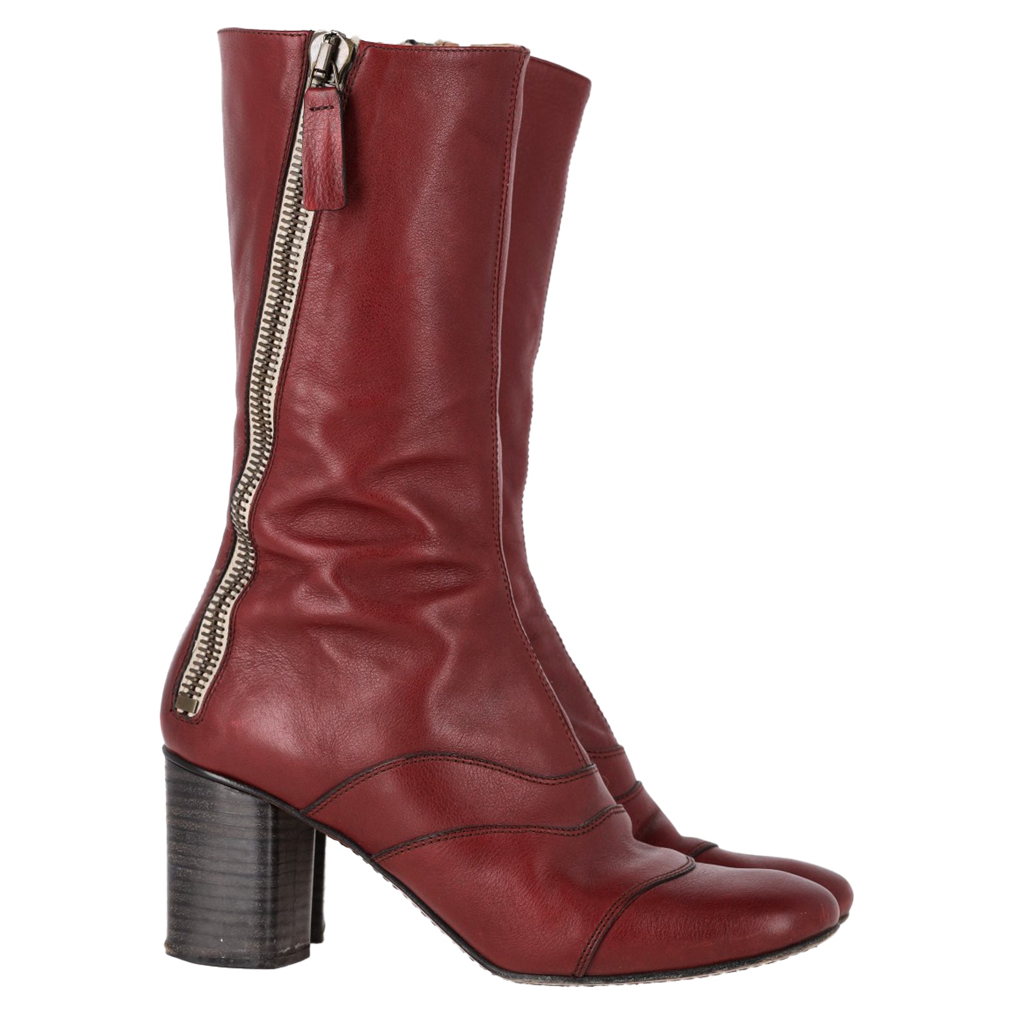 Chloé Zipped Round Toe Mid-Calf Boots in Burgundy Leather