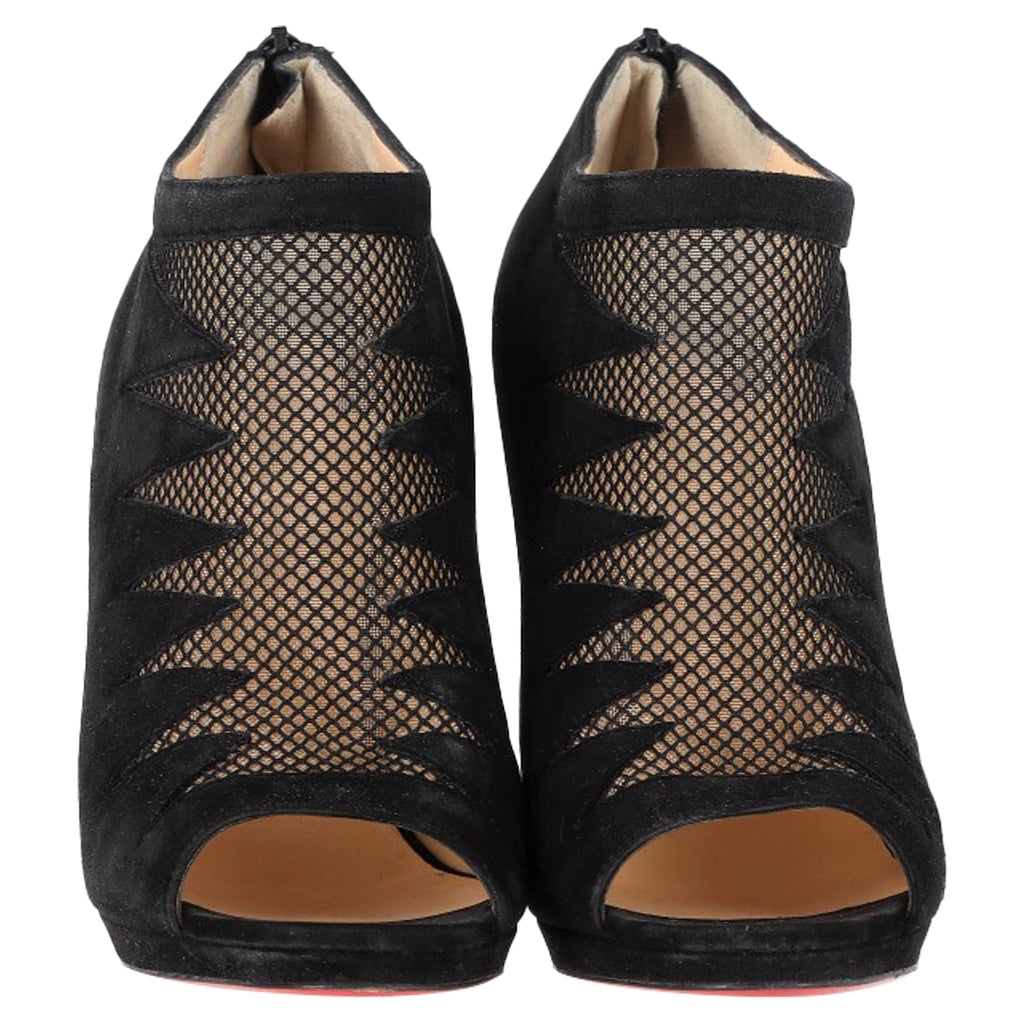 Women's Christian Louboutin Peep-Toe Boots in Black Suede and Mesh