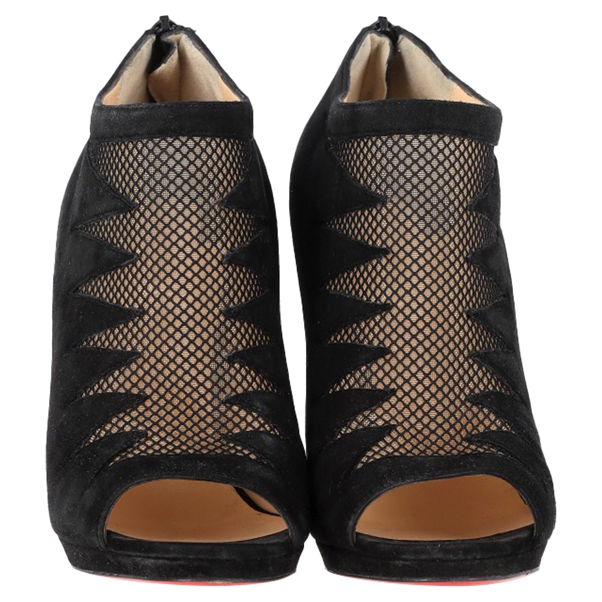 Women's Christian Louboutin Peep-Toe Boots in Black Suede and Mesh