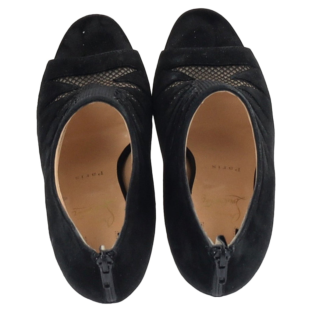 Women's Christian Louboutin Peep-Toe Boots in Black Suede and Mesh