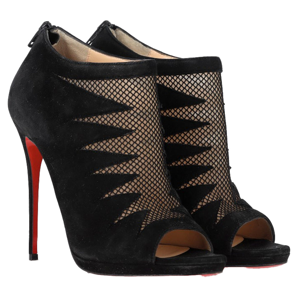 Women's Christian Louboutin Peep-Toe Boots in Black Suede and Mesh