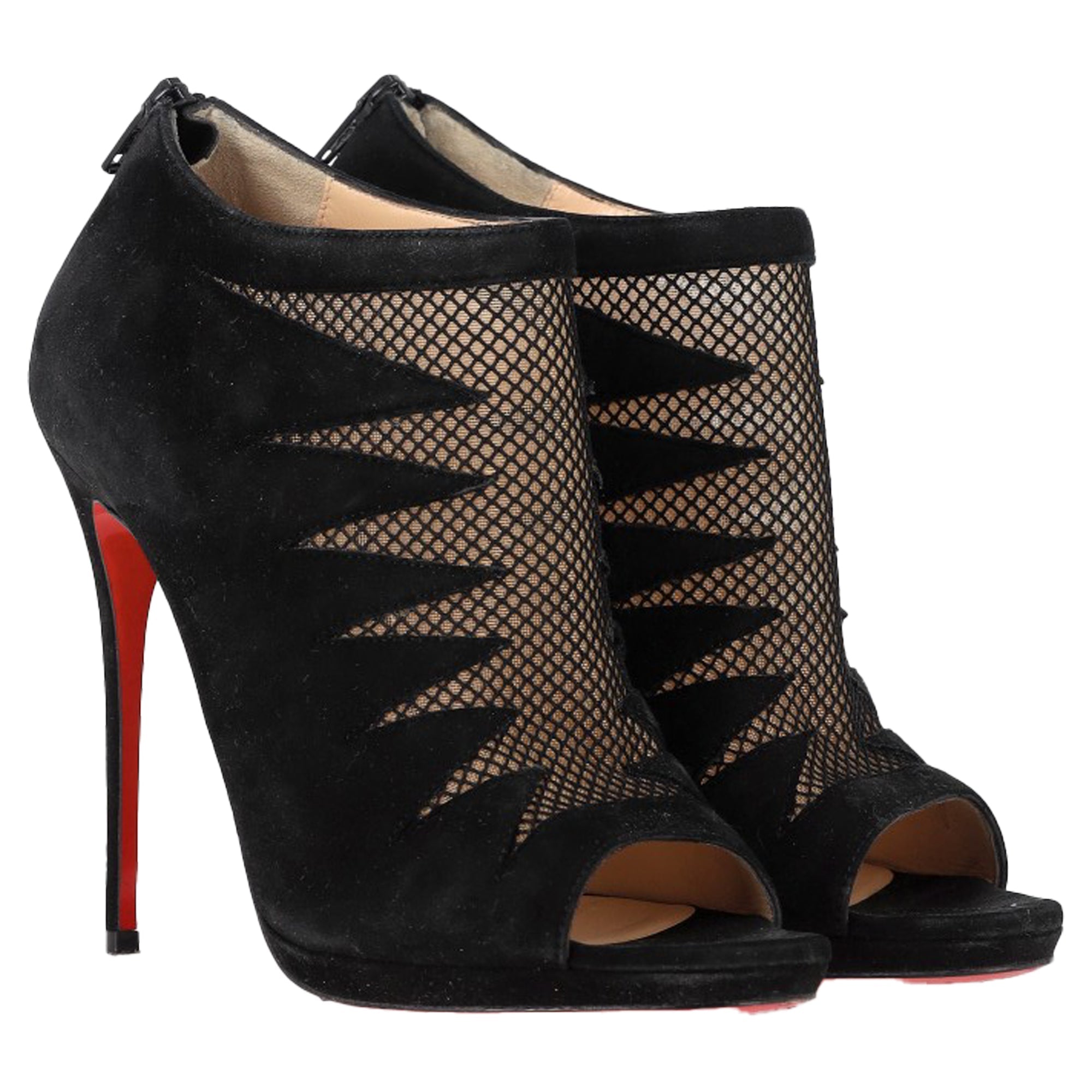 Women's Christian Louboutin Peep-Toe Boots in Black Suede and Mesh
