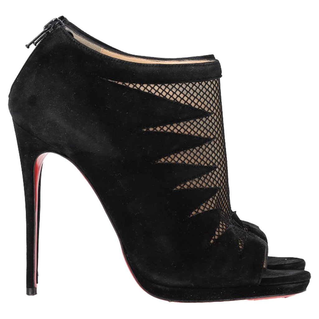 Women's Christian Louboutin Peep-Toe Boots in Black Suede and Mesh