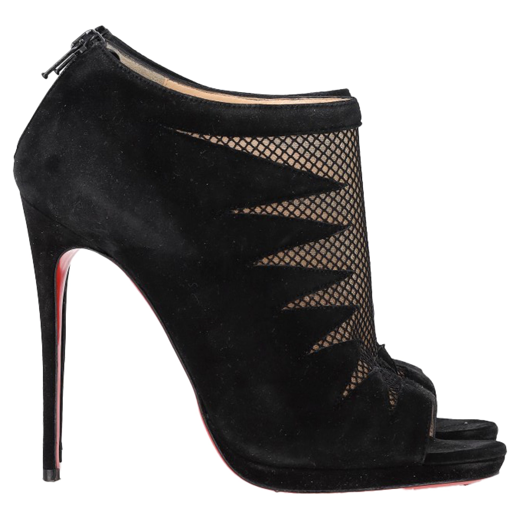Women's Christian Louboutin Peep-Toe Boots in Black Suede and Mesh