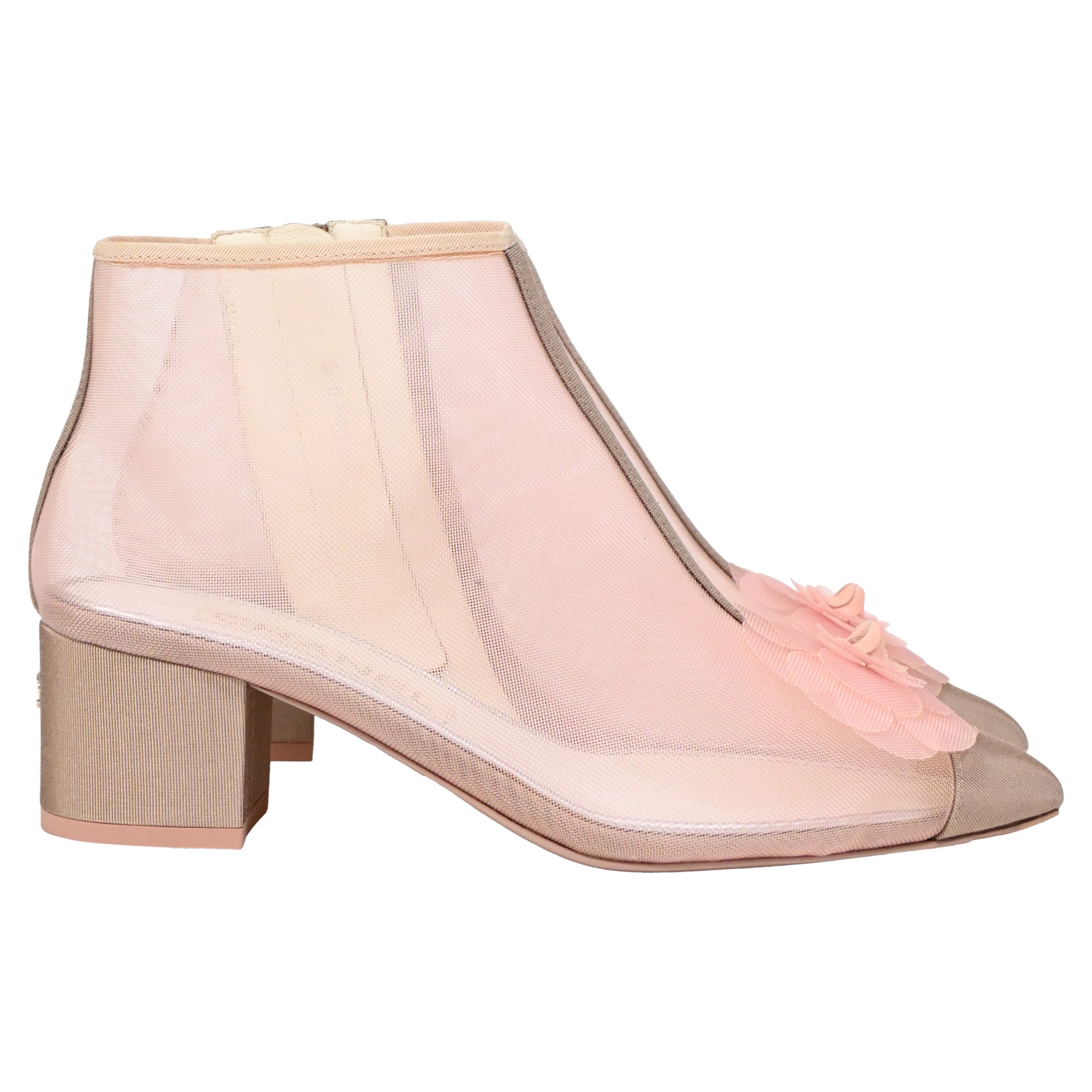 Women's Chanel Camellia Flower-Embellished Ankle Boots in Pink Mesh