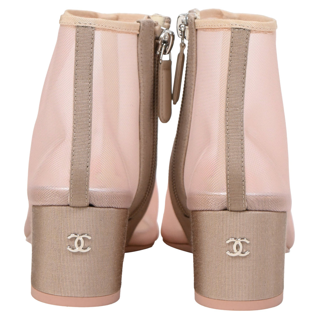 Women's Chanel Camellia Flower-Embellished Ankle Boots in Pink Mesh