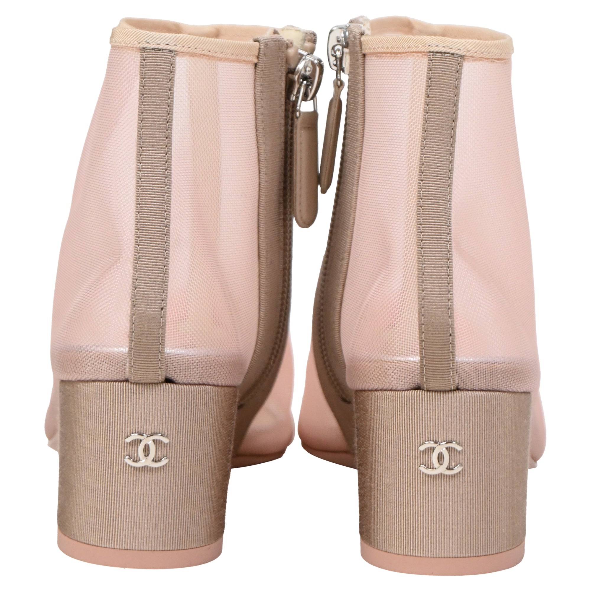 Women's Chanel Camellia Flower-Embellished Ankle Boots in Pink Mesh
