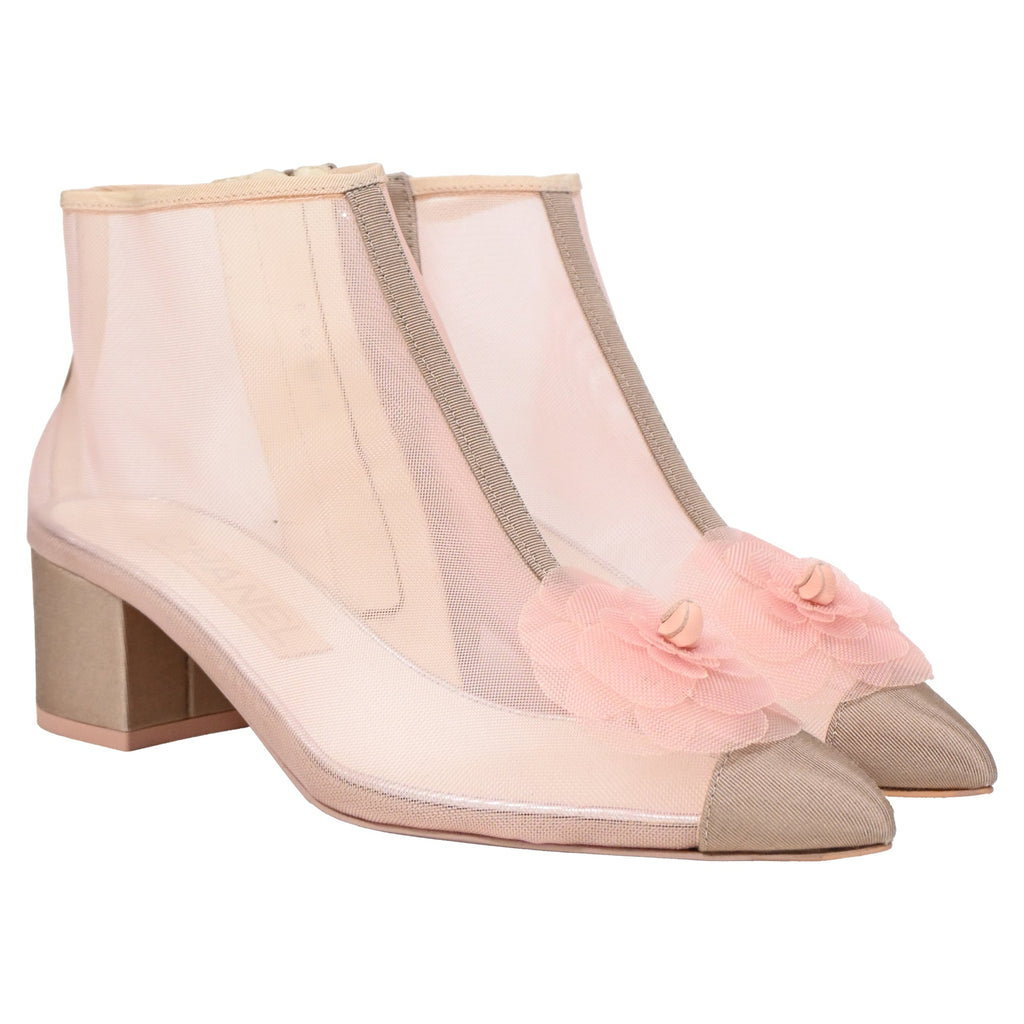 Women's Chanel Camellia Flower-Embellished Ankle Boots in Pink Mesh