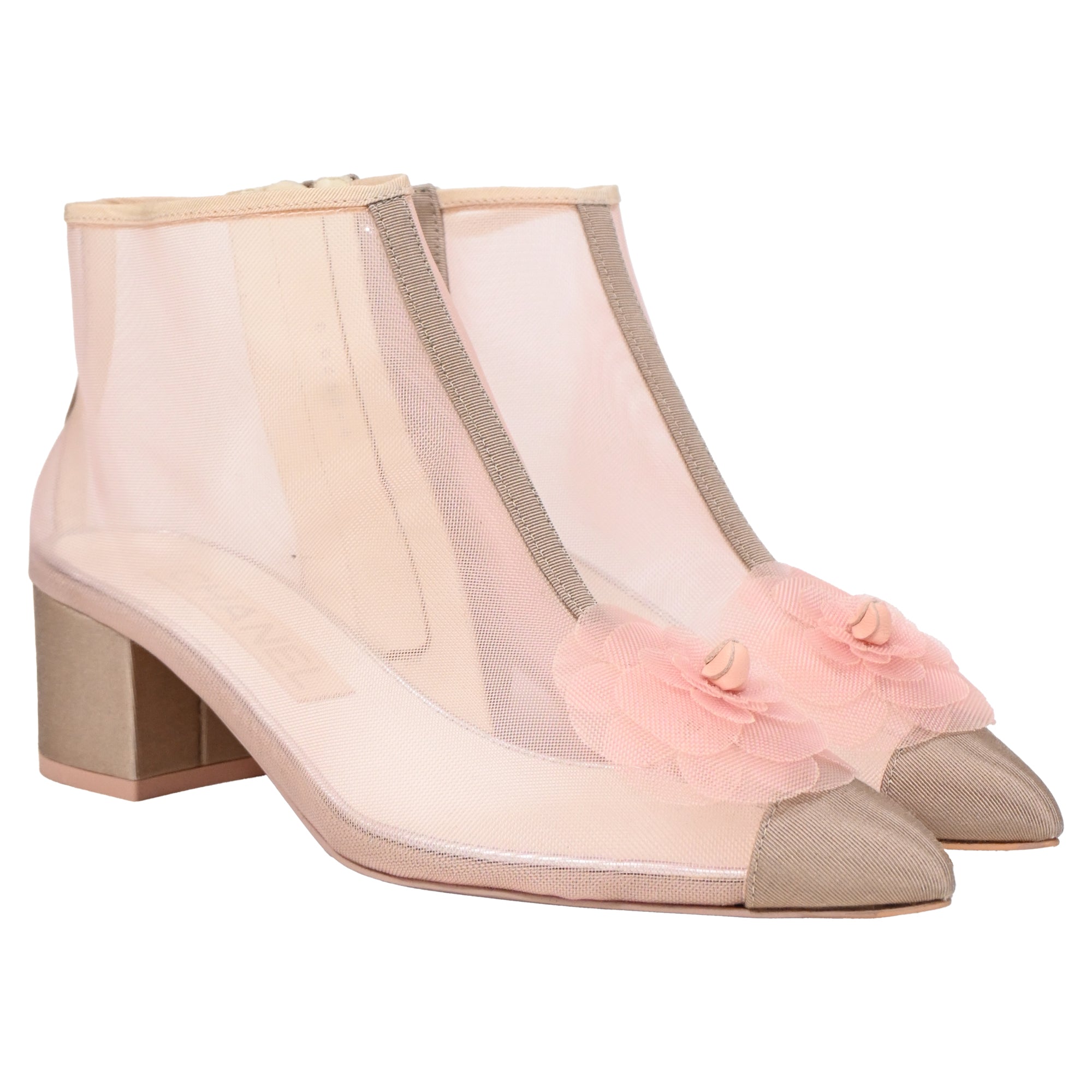 Women's Chanel Camellia Flower-Embellished Ankle Boots in Pink Mesh