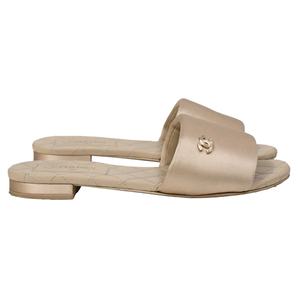 Women's Chanel CC Quilted Slide Flats in Beige Satin