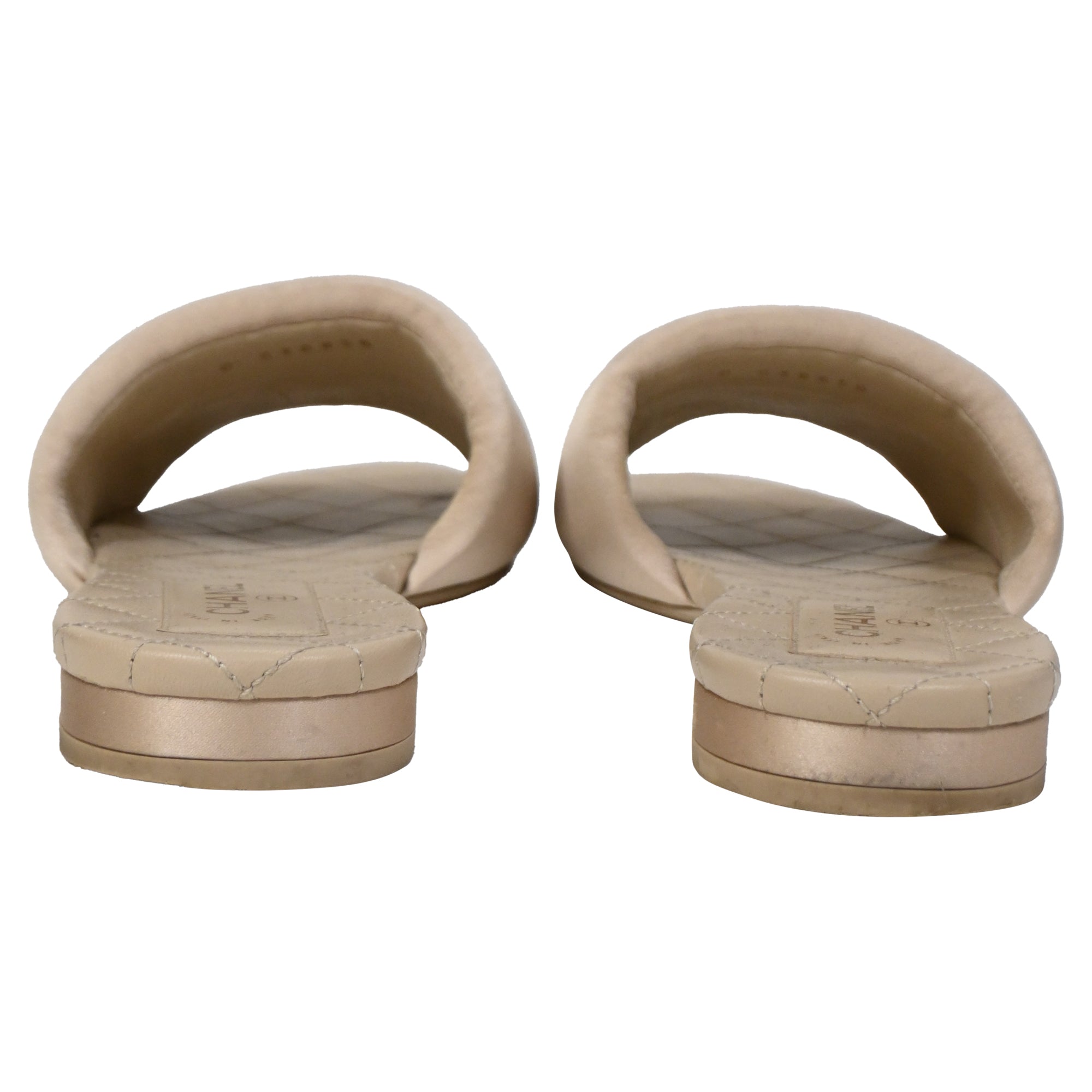 Women's Chanel CC Quilted Slide Flats in Beige Satin