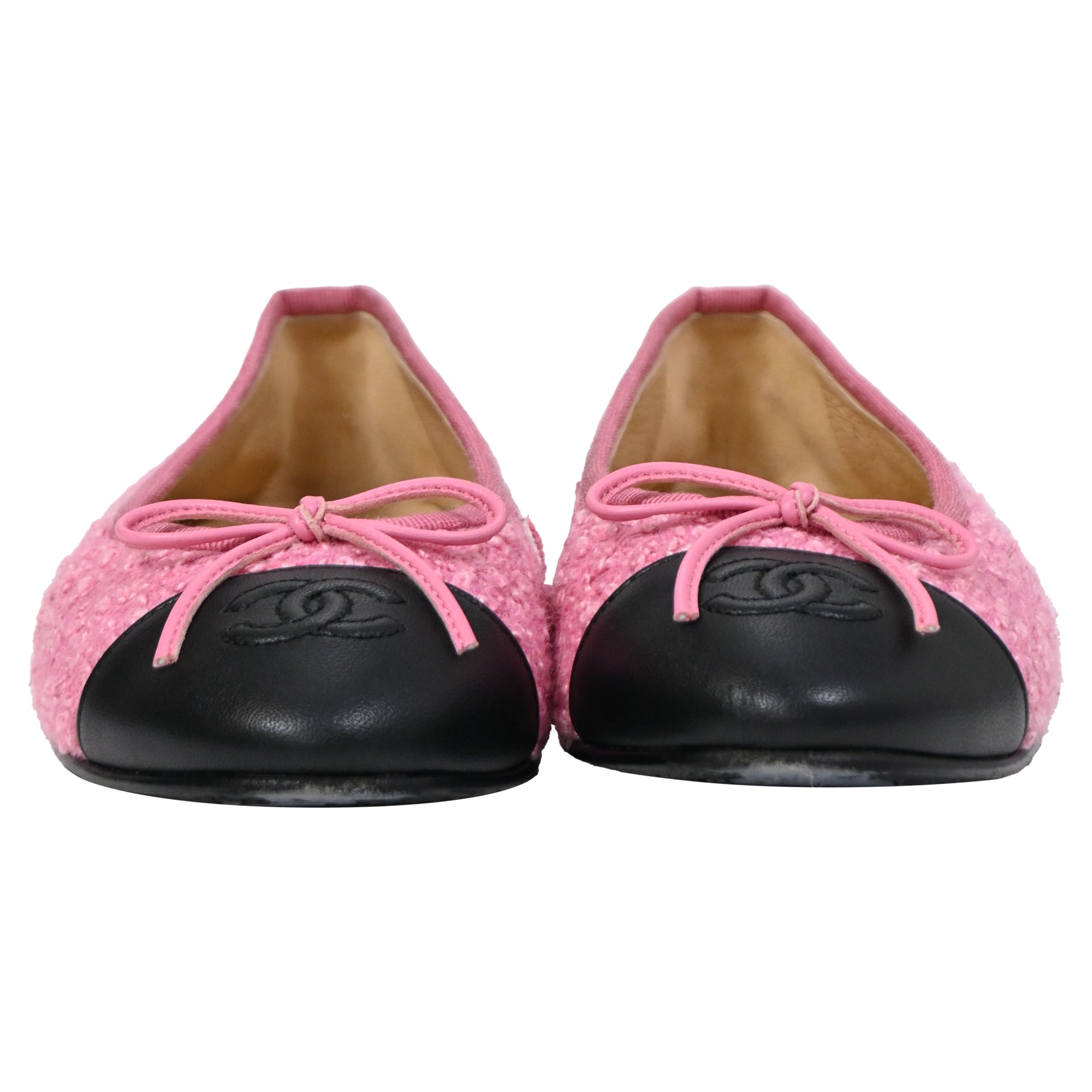Women's Chanel CC Cap-Toe Bow Ballet Flats in Cotton Tweed