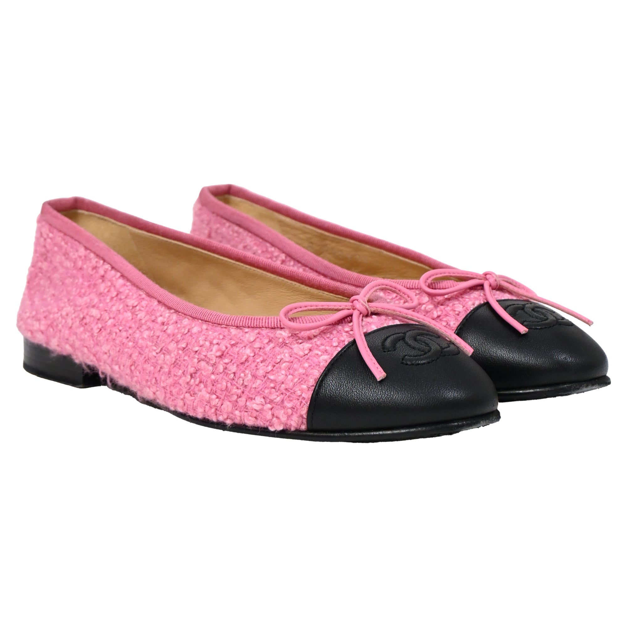 Women's Chanel CC Cap-Toe Bow Ballet Flats in Cotton Tweed