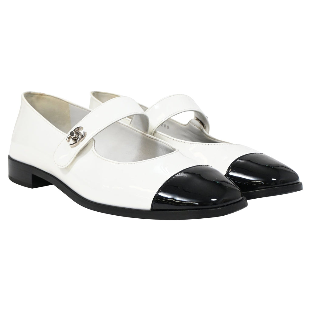 Chanel CC Mary Jane Ballet Flats in White Patent Leather