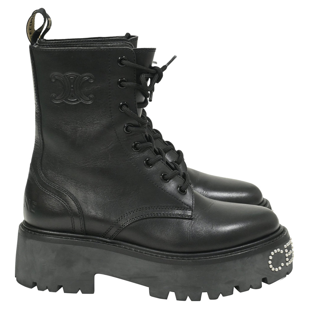 Celine Logo-Embellished Combat Boots in Black Leather