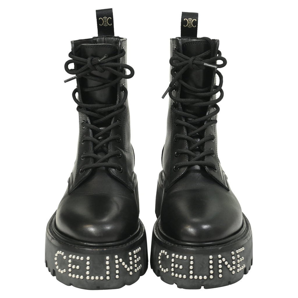 Celine Logo-Embellished Combat Boots in Black Leather