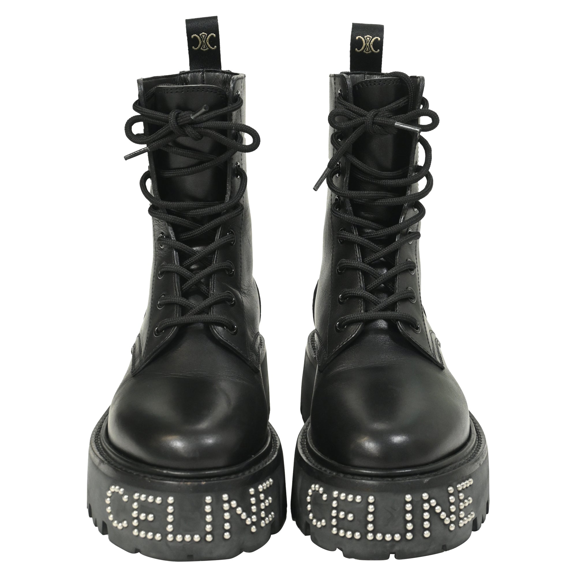 Celine Logo-Embellished Combat Boots in Black Leather