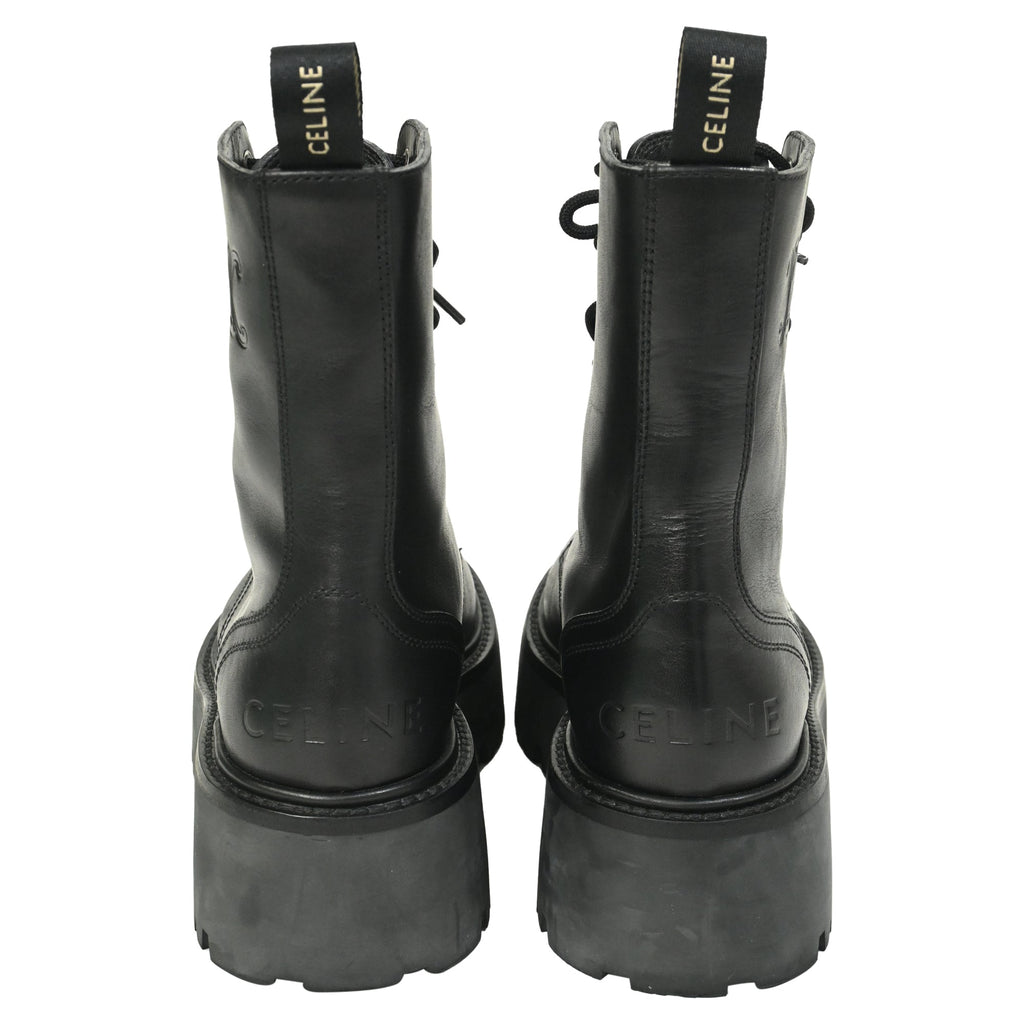Celine Logo-Embellished Combat Boots in Black Leather
