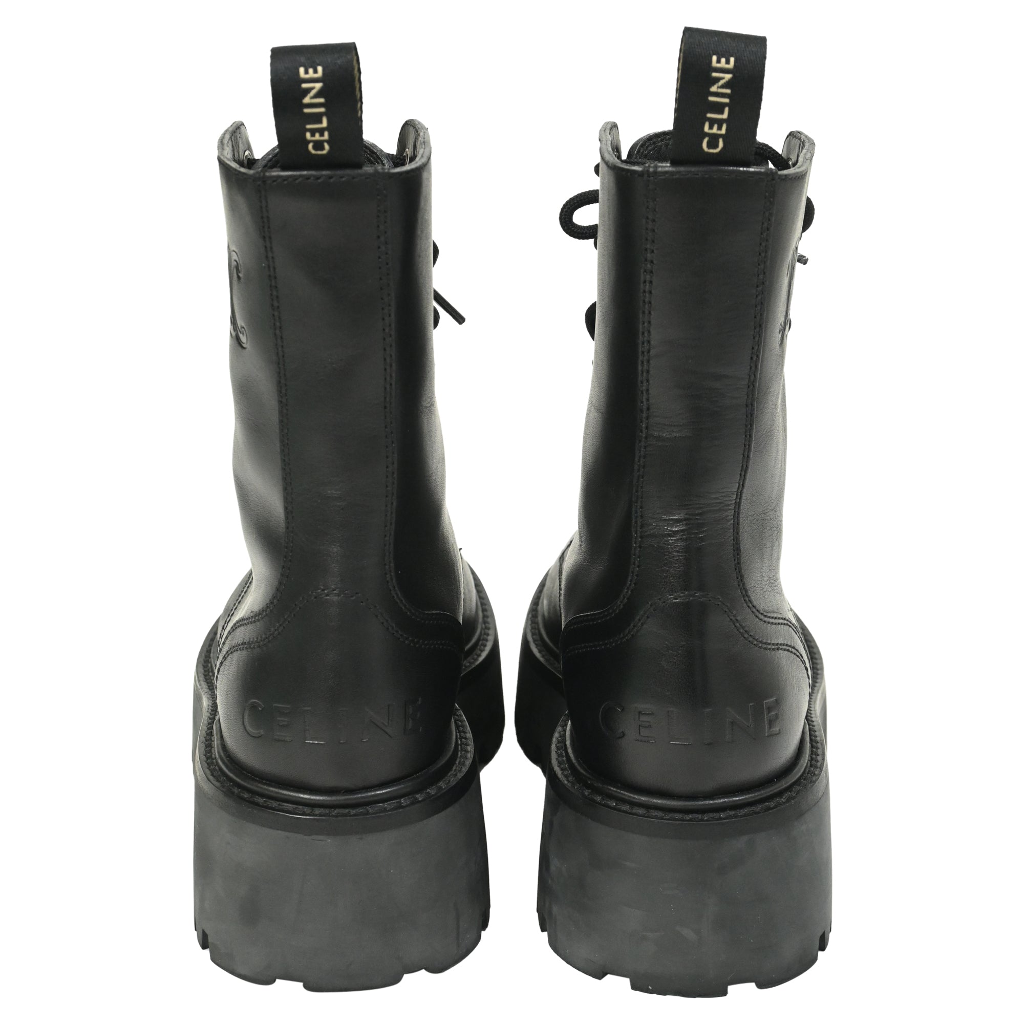Celine Logo-Embellished Combat Boots in Black Leather