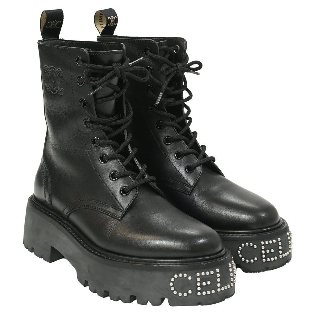 Celine Logo-Embellished Combat Boots in Black Leather