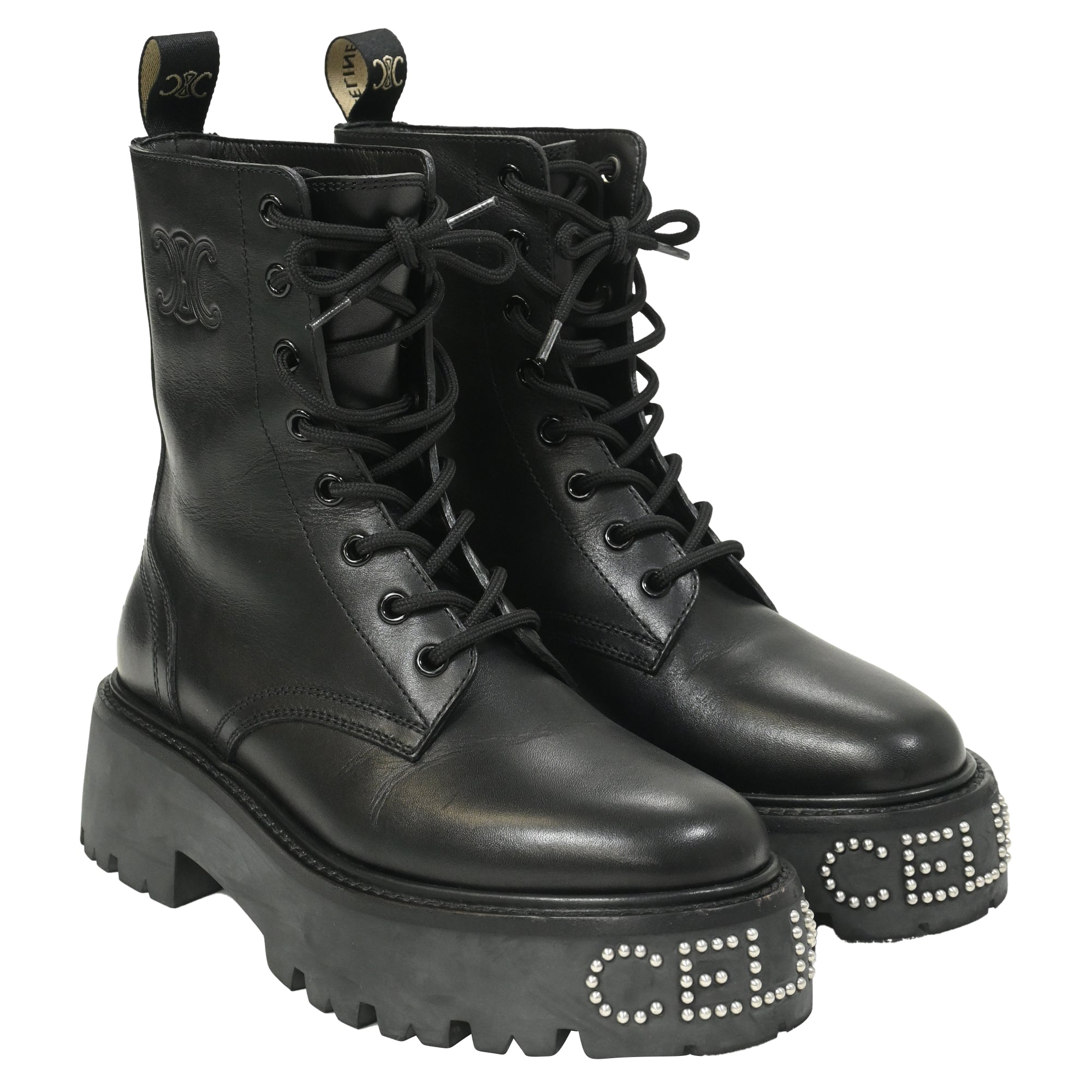 Celine Logo-Embellished Combat Boots in Black Leather