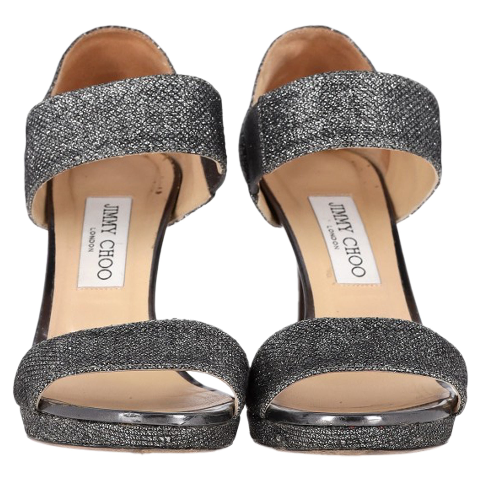 Women's Jimmy Choo Closed Heel Tab Sandals in Metallic Silver Polyester