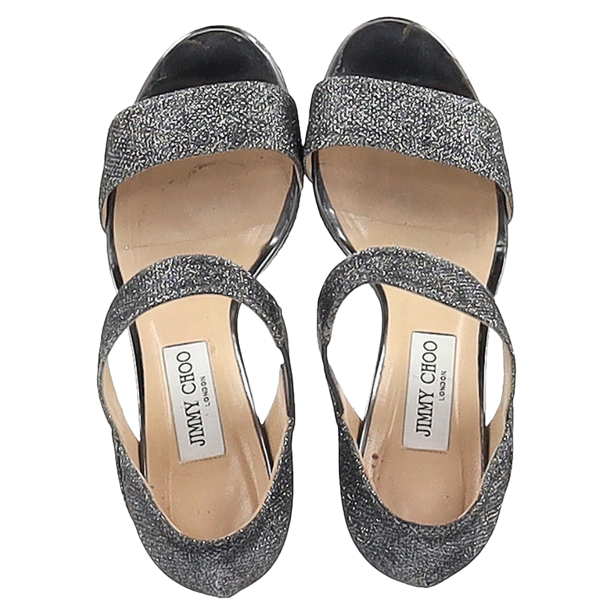 Women's Jimmy Choo Closed Heel Tab Sandals in Metallic Silver Polyester
