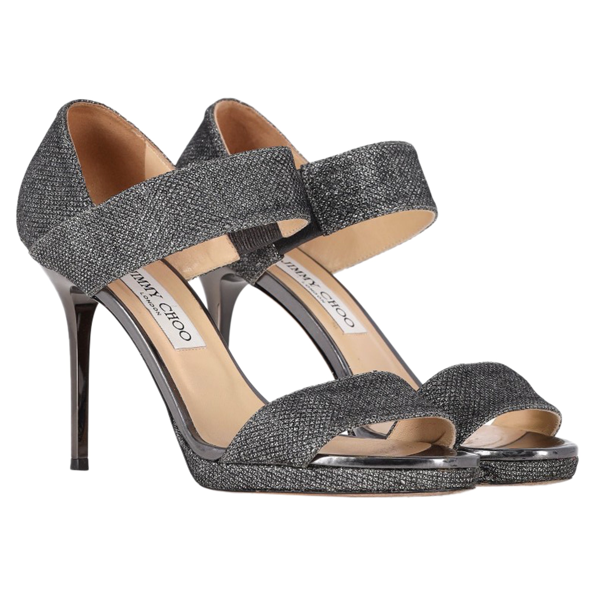 Women's Jimmy Choo Closed Heel Tab Sandals in Metallic Silver Polyester