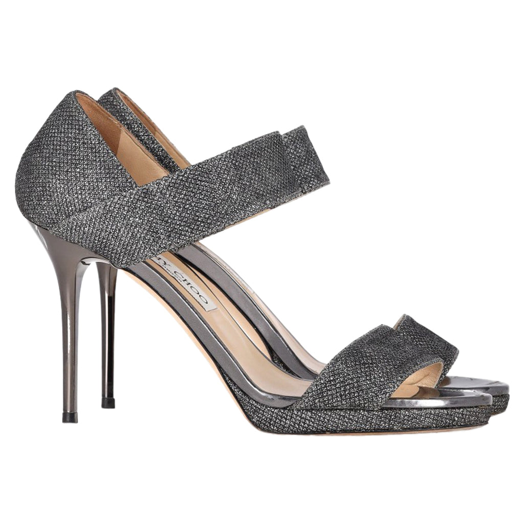Women's Jimmy Choo Closed Heel Tab Sandals in Metallic Silver Polyester