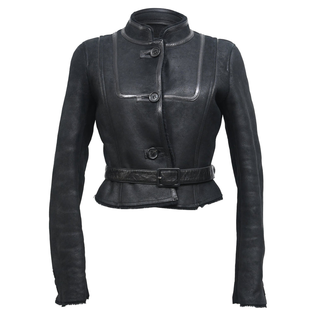 Celine Belted Mandarin Collared Jacket in Black Leather
