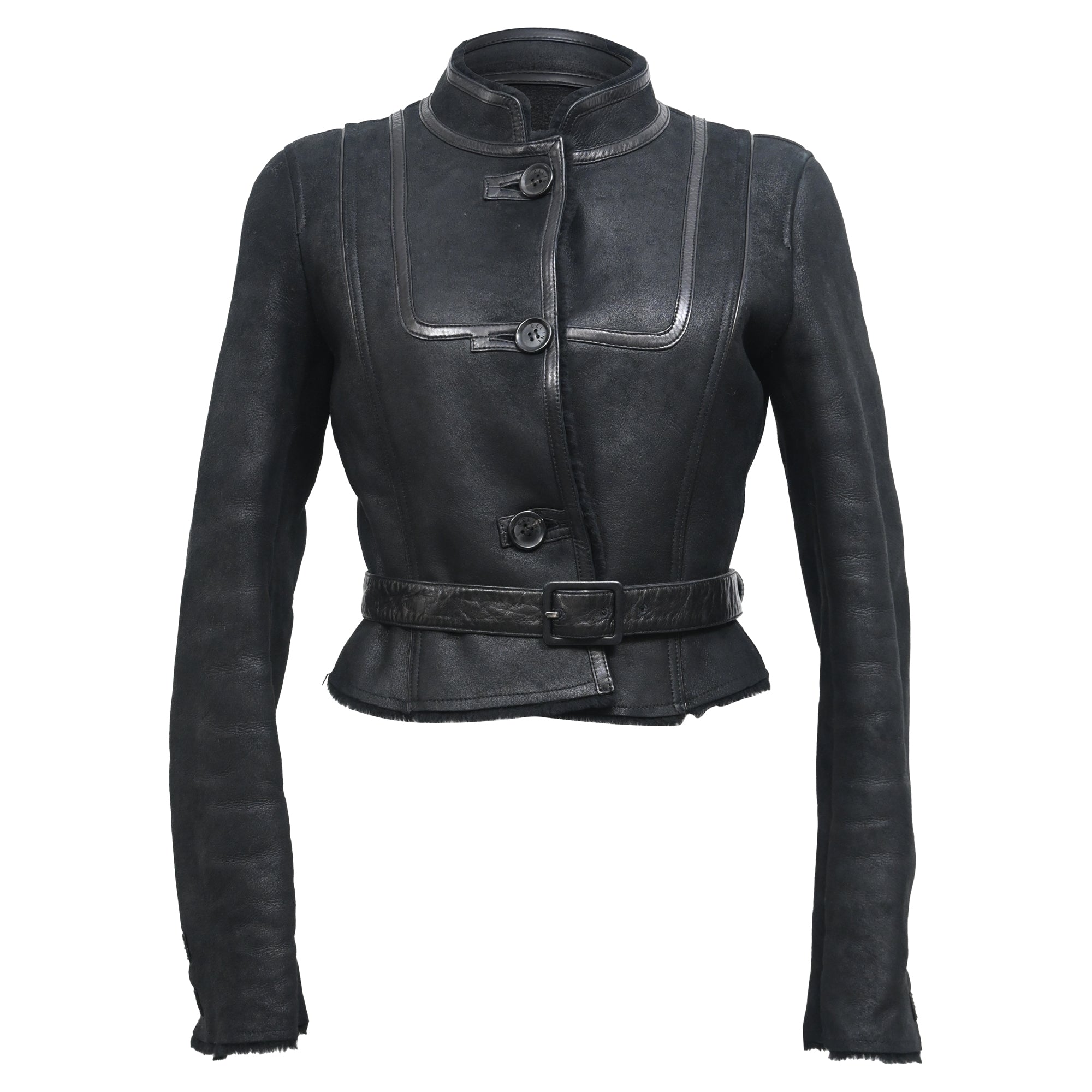 Celine Belted Mandarin Collared Jacket in Black Leather