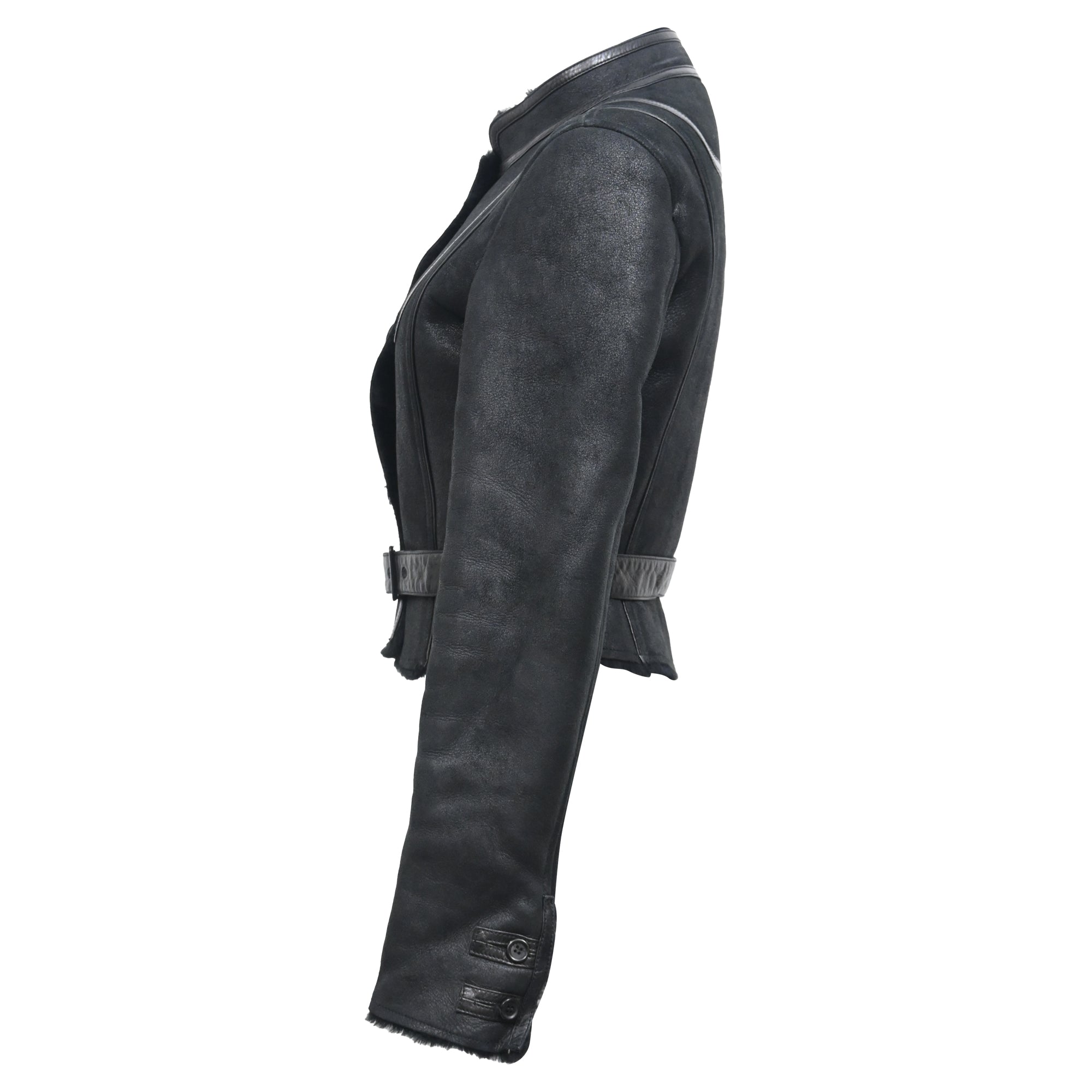 Celine Belted Mandarin Collared Jacket in Black Leather