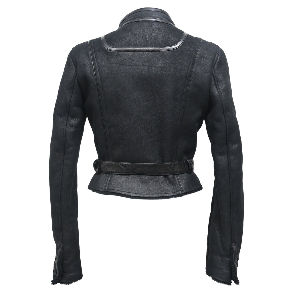 Celine Belted Mandarin Collared Jacket in Black Leather