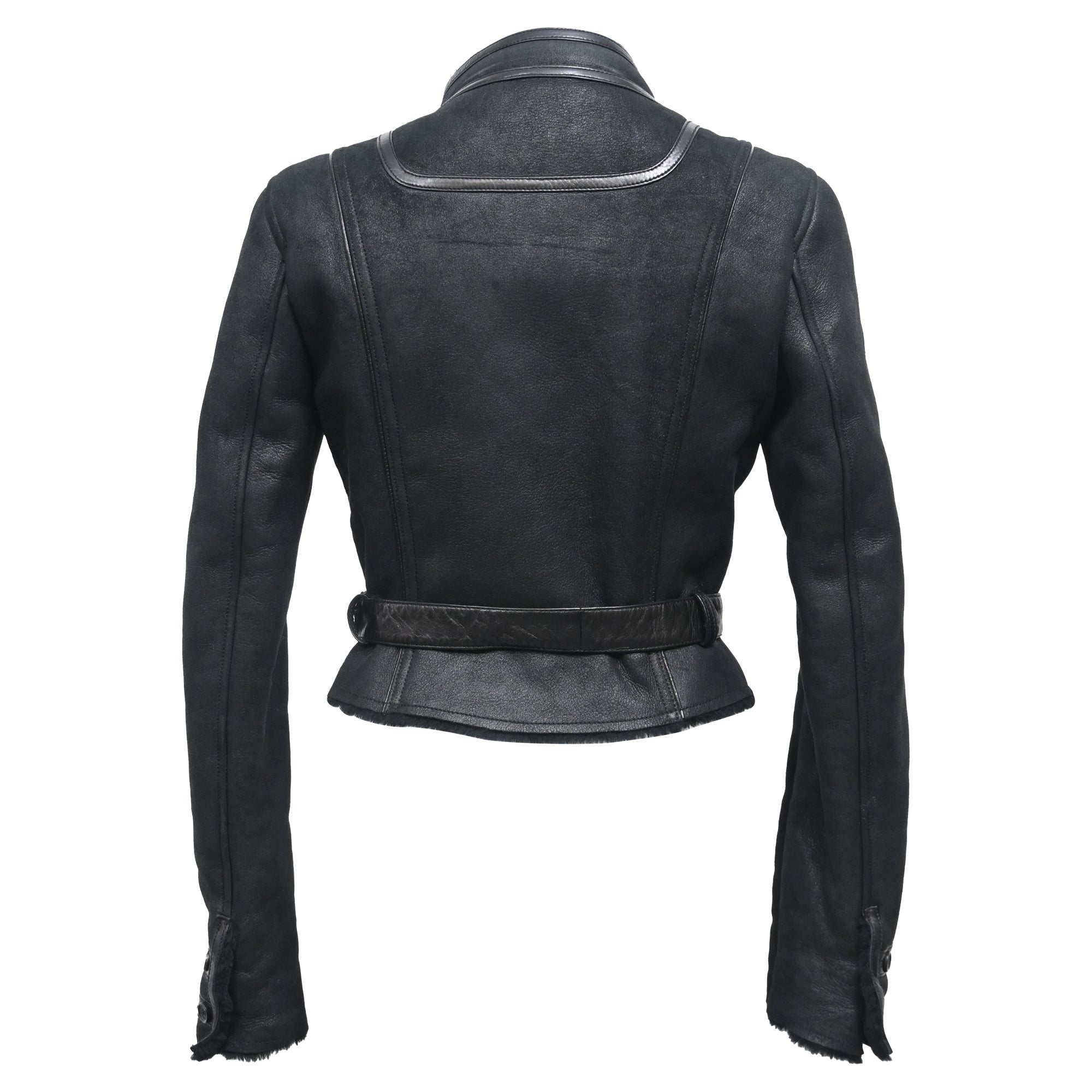 Celine Belted Mandarin Collared Jacket in Black Leather
