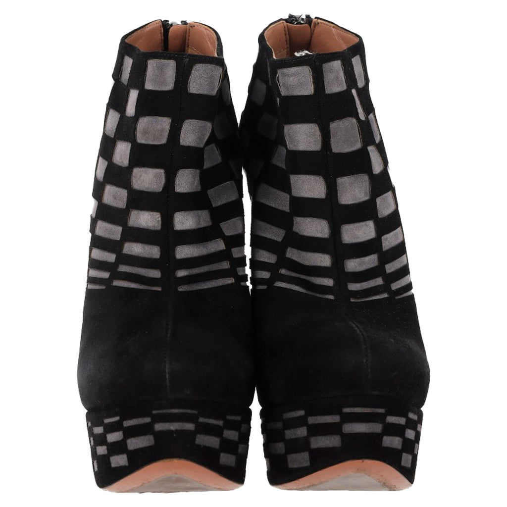Women's Alaïa Laser Cut Platform Ankle Boots in Black Suede
