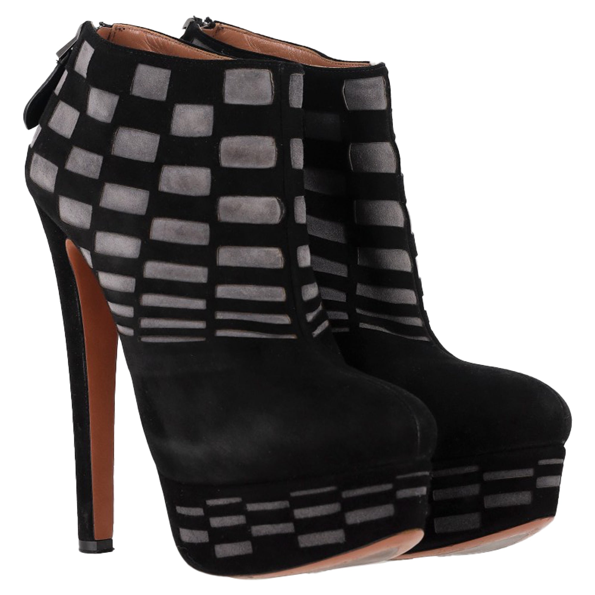 Women's Alaïa Laser Cut Platform Ankle Boots in Black Suede