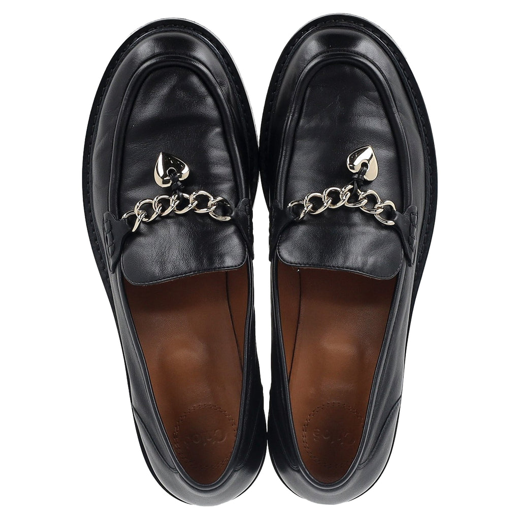 Chloé Ninna Heart Chain Detail Loafers in Black Leather