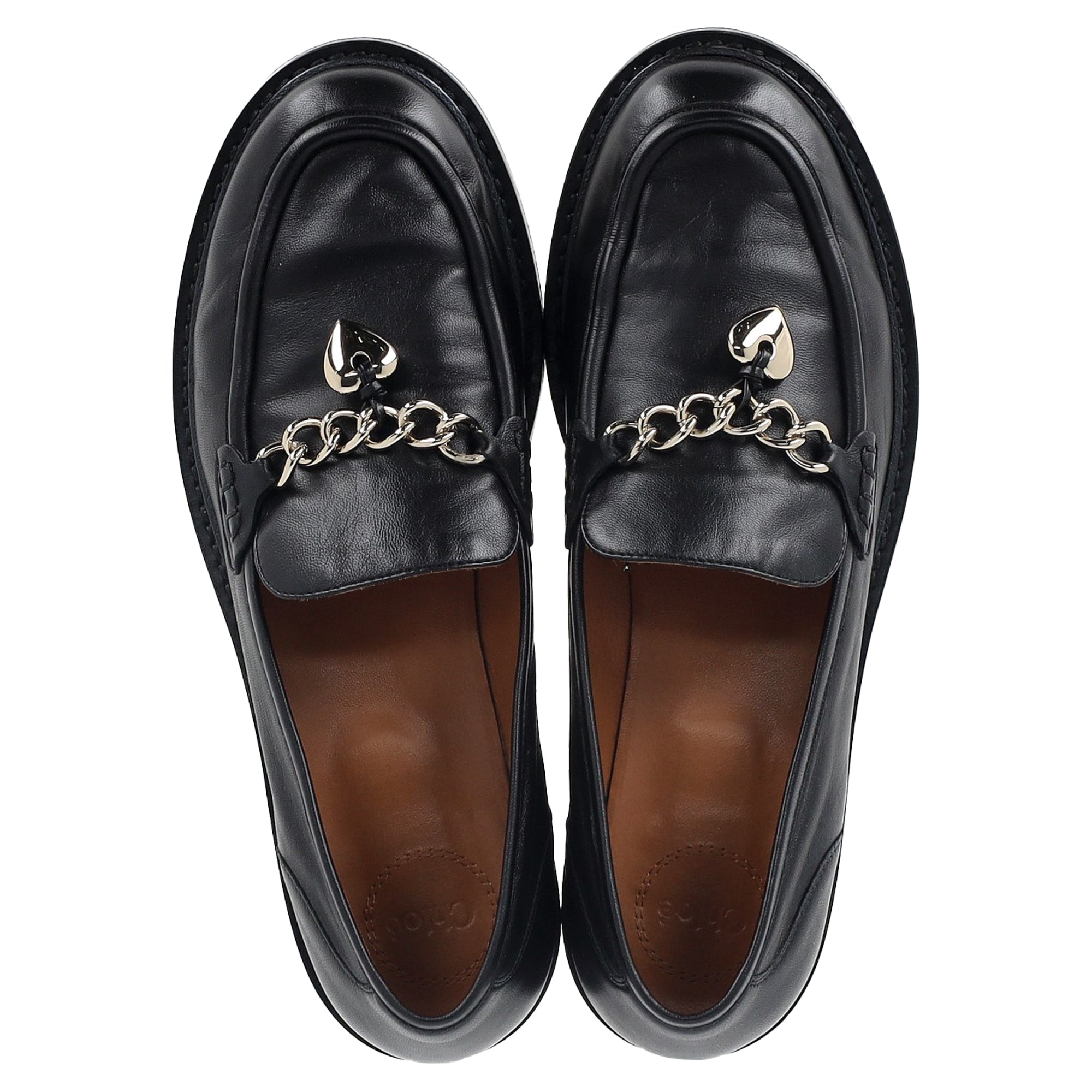 Chloé Ninna Heart Chain Detail Loafers in Black Leather